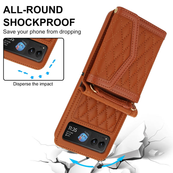 For Motorola Razr 40 Splicing Rhombic Texture Phone Case with Long & Short Lanyard(Brown)