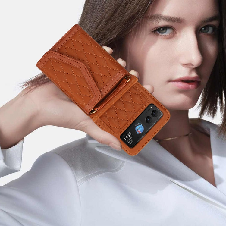 For Motorola Razr 40 Splicing Rhombic Texture Phone Case with Long & Short Lanyard(Brown)