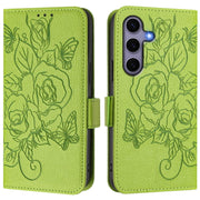 For Samsung Galaxy S25 5G Embossed Rose RFID Anti-theft Leather Phone Case(Green)