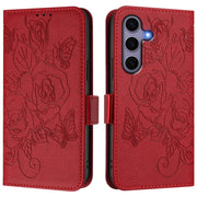 For Samsung Galaxy S25 5G Embossed Rose RFID Anti-theft Leather Phone Case(Red)