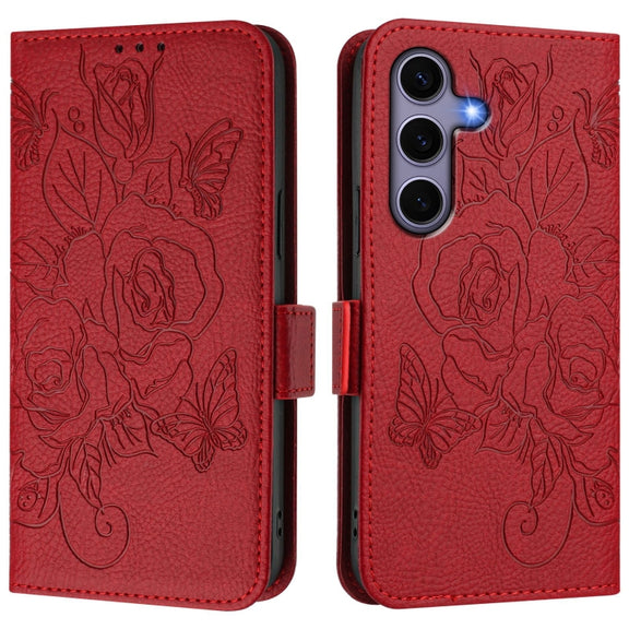 For Samsung Galaxy S25 5G Embossed Rose RFID Anti-theft Leather Phone Case(Red)