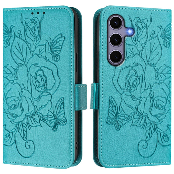 For Samsung Galaxy S25 5G Embossed Rose RFID Anti-theft Leather Phone Case(Light Blue)