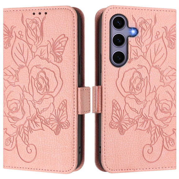 For Samsung Galaxy S25 5G Embossed Rose RFID Anti-theft Leather Phone Case(Pink)