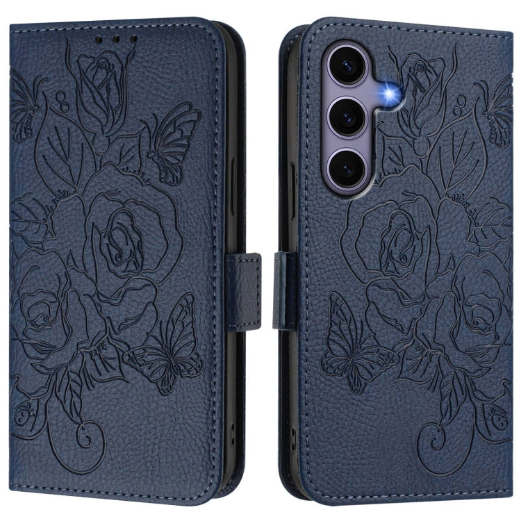 For Samsung Galaxy S25 5G Embossed Rose RFID Anti-theft Leather Phone Case(Dark Blue)