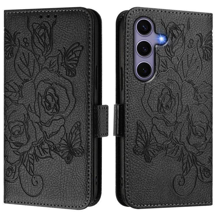 For Samsung Galaxy S25 5G Embossed Rose RFID Anti-theft Leather Phone Case(Black)