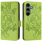 For Samsung Galaxy S25+ 5G Embossed Rose RFID Anti-theft Leather Phone Case(Green)