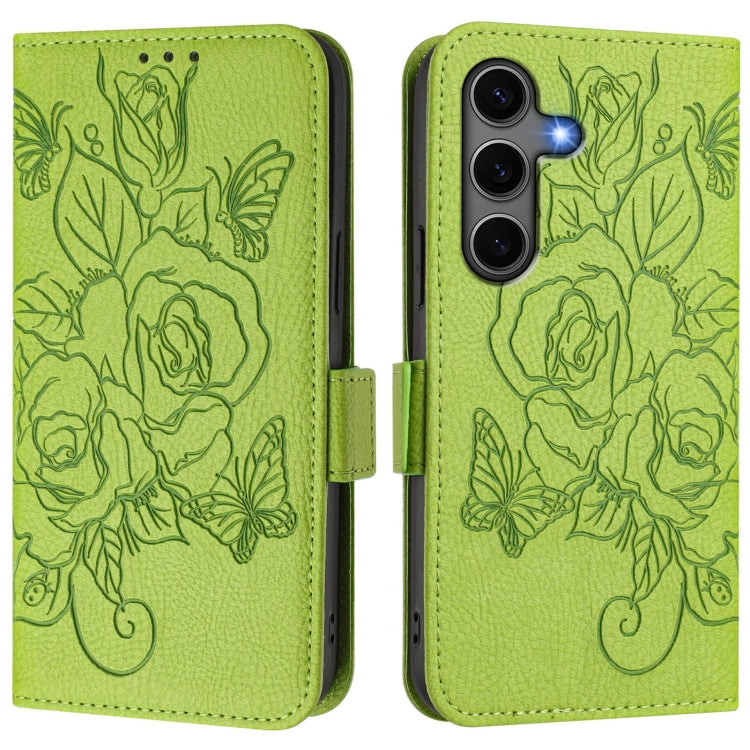 For Samsung Galaxy S25+ 5G Embossed Rose RFID Anti-theft Leather Phone Case(Green)