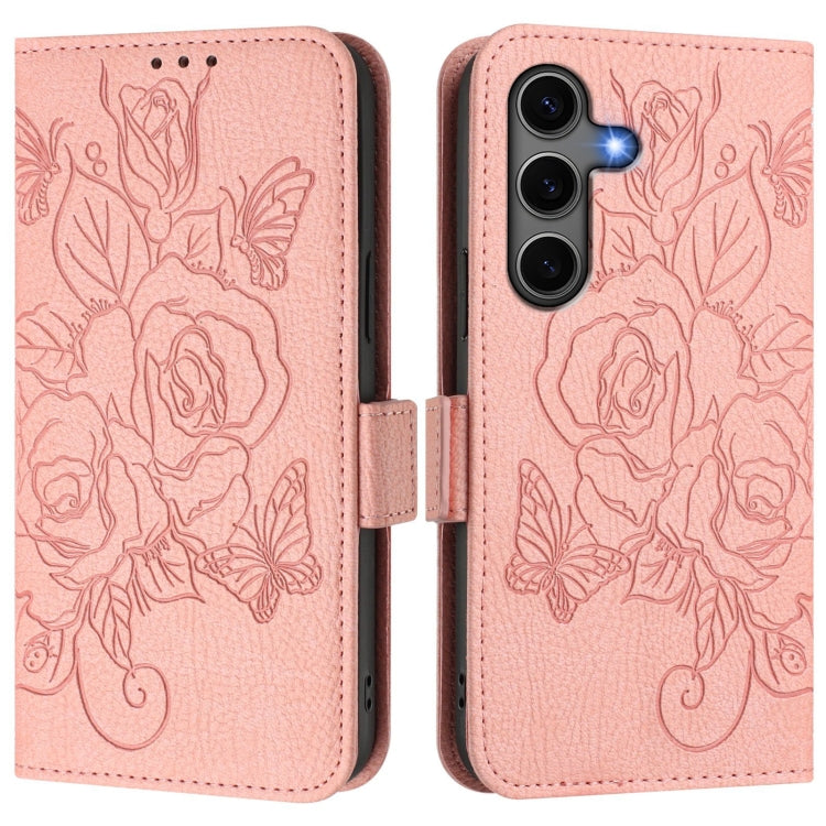 For Samsung Galaxy S25+ 5G Embossed Rose RFID Anti-theft Leather Phone Case(Pink)