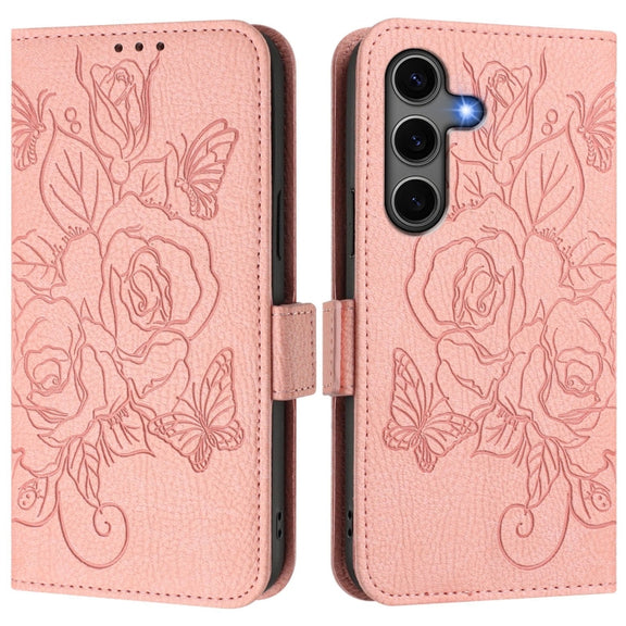 For Samsung Galaxy S25+ 5G Embossed Rose RFID Anti-theft Leather Phone Case(Pink)