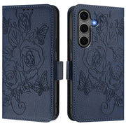 For Samsung Galaxy S25+ 5G Embossed Rose RFID Anti-theft Leather Phone Case(Dark Blue)