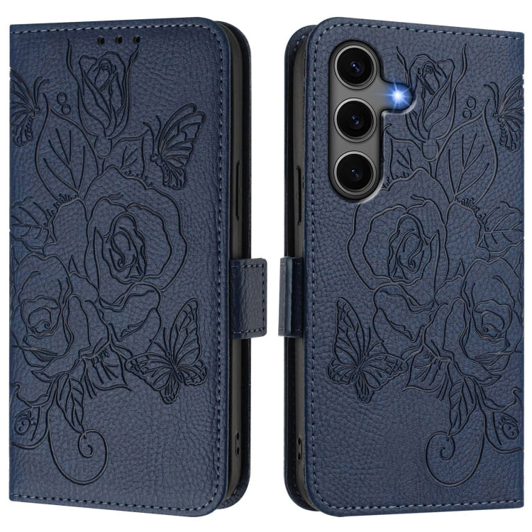 For Samsung Galaxy S25+ 5G Embossed Rose RFID Anti-theft Leather Phone Case(Dark Blue)