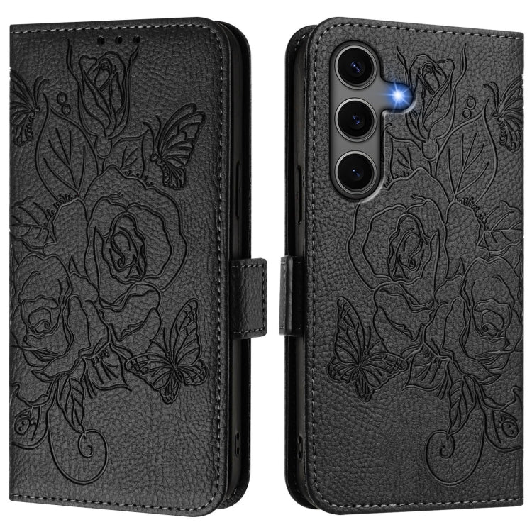 For Samsung Galaxy S25+ 5G Embossed Rose RFID Anti-theft Leather Phone Case(Black)