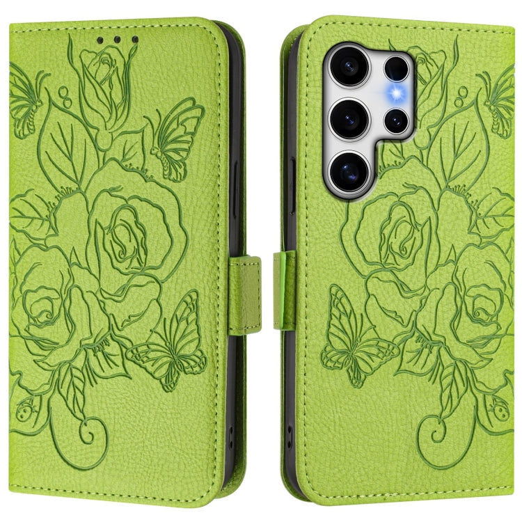 For Samsung Galaxy S25 Ultra 5G Embossed Rose RFID Anti-theft Leather Phone Case(Green)