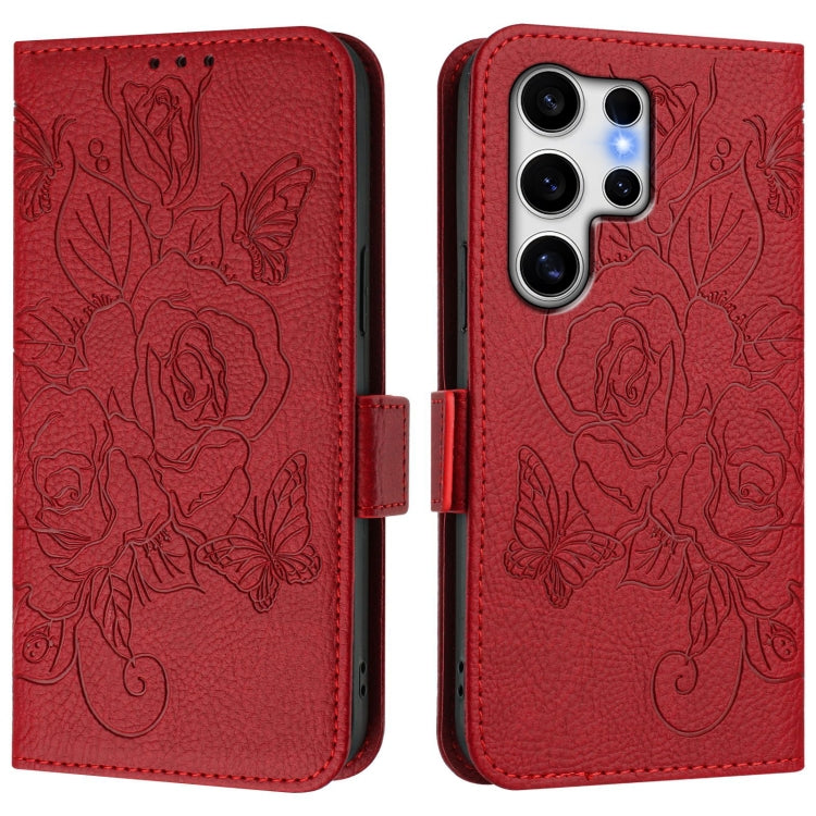 For Samsung Galaxy S25 Ultra 5G Embossed Rose RFID Anti-theft Leather Phone Case(Red)