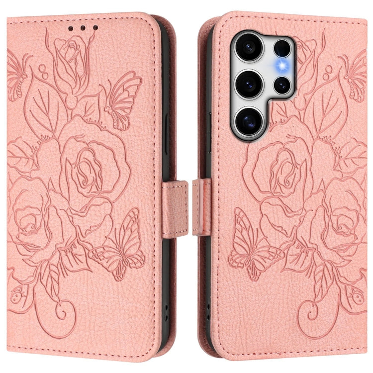 For Samsung Galaxy S25 Ultra 5G Embossed Rose RFID Anti-theft Leather Phone Case(Pink)