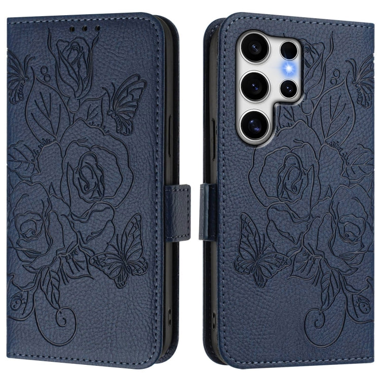 For Samsung Galaxy S25 Ultra 5G Embossed Rose RFID Anti-theft Leather Phone Case(Dark Blue)