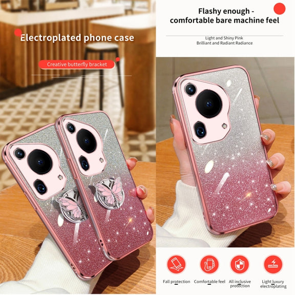 For Huawei Pura 70 Ultra Plated Gradient Glitter Butterfly Holder TPU Phone Case(Pink)