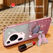 For Huawei Pura 70 Ultra Plated Gradient Glitter Butterfly Holder TPU Phone Case(Sierra Blue)