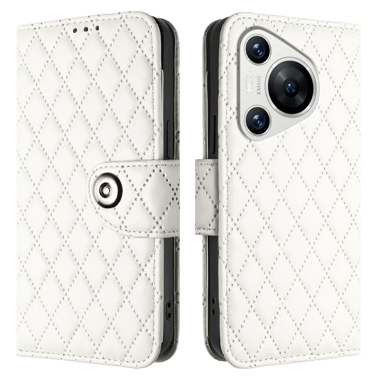 For Huawei Pura 70 Rhombic Texture Flip Leather Phone Case with Lanyard(White)