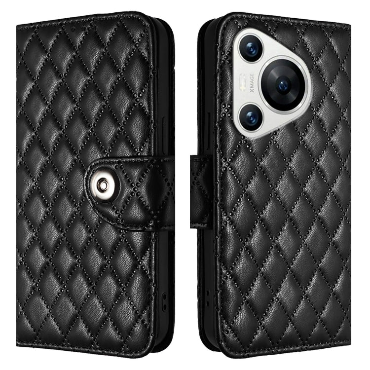For Huawei Pura 70 Rhombic Texture Flip Leather Phone Case with Lanyard(Black)