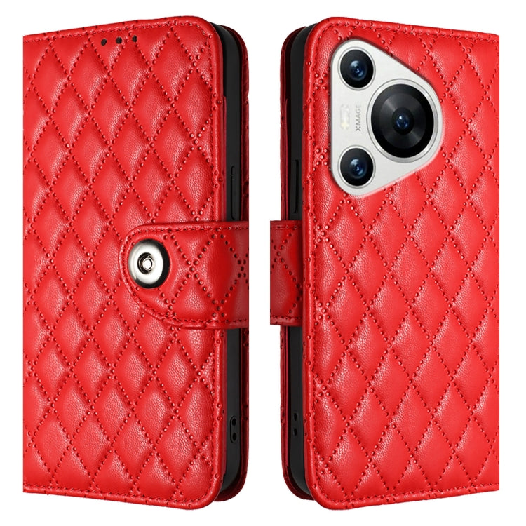 For Huawei Pura 70 Rhombic Texture Flip Leather Phone Case with Lanyard(Red)