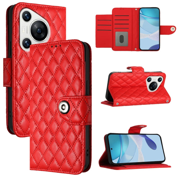For Huawei Pura 70 Rhombic Texture Flip Leather Phone Case with Lanyard(Red)