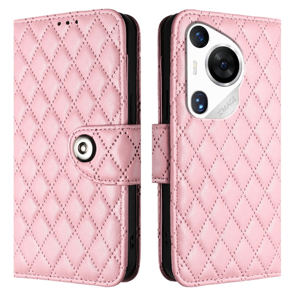 For Huawei Pura 70 Pro Rhombic Texture Flip Leather Phone Case with Lanyard(Pink)