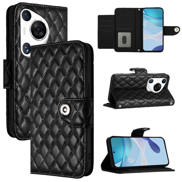 For Huawei Pura 70 Pro Rhombic Texture Flip Leather Phone Case with Lanyard(Black)