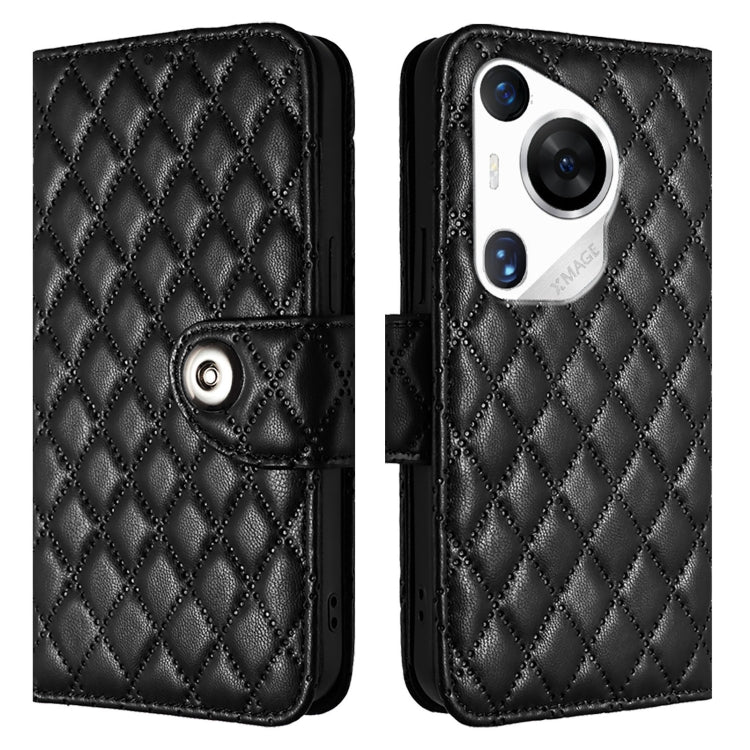 For Huawei Pura 70 Pro Rhombic Texture Flip Leather Phone Case with Lanyard(Black)