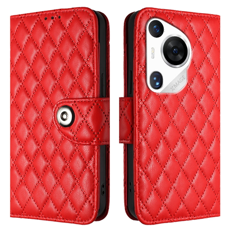 For Huawei Pura 70 Pro Rhombic Texture Flip Leather Phone Case with Lanyard(Red)