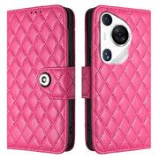For Huawei Pura 70 Pro Rhombic Texture Flip Leather Phone Case with Lanyard(Rose Red)