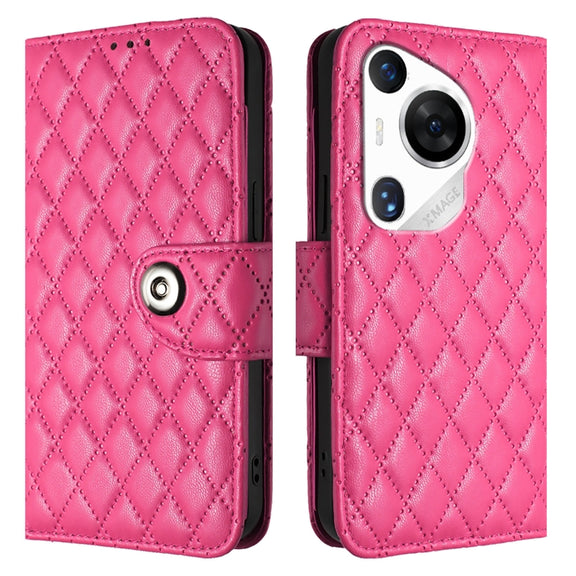For Huawei Pura 70 Pro Rhombic Texture Flip Leather Phone Case with Lanyard(Rose Red)