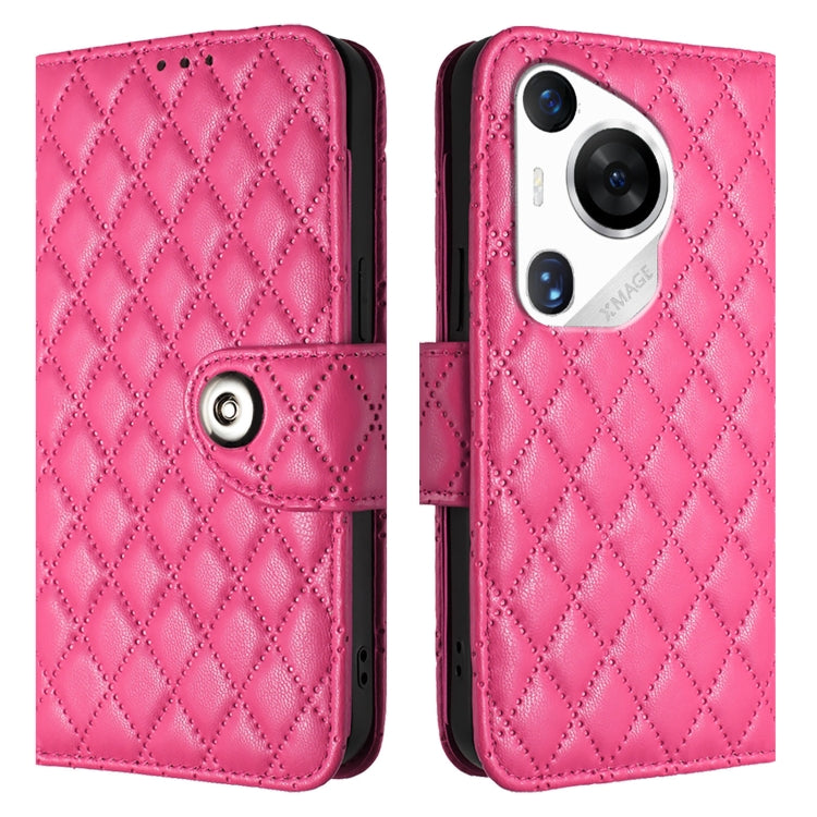 For Huawei Pura 70 Pro Rhombic Texture Flip Leather Phone Case with Lanyard(Rose Red)