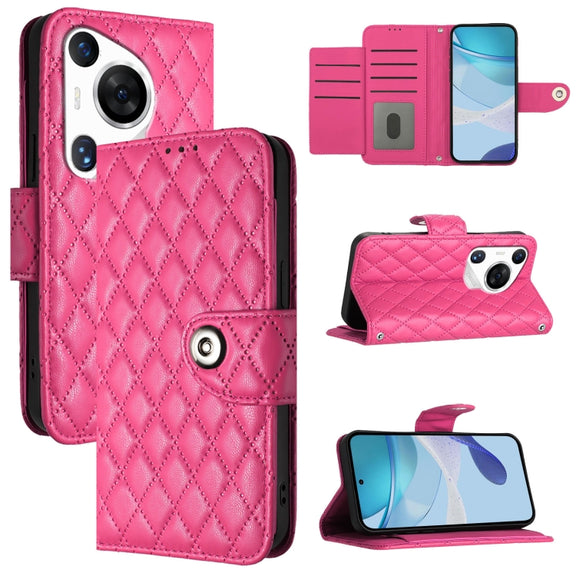 For Huawei Pura 70 Pro Rhombic Texture Flip Leather Phone Case with Lanyard(Rose Red)
