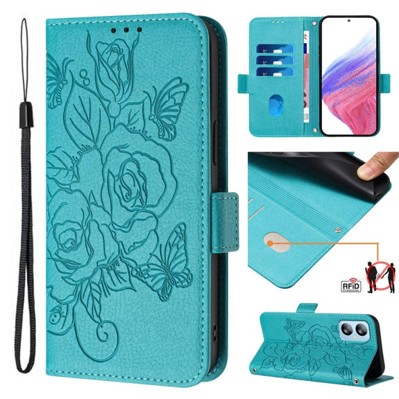 For Blackview A52 Embossed Rose RFID Anti-theft Leather Phone Case(Light Blue)