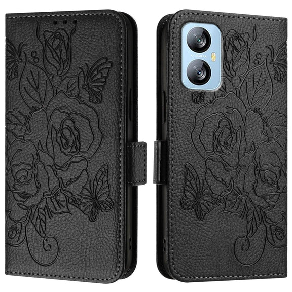 For Blackview A52 Embossed Rose RFID Anti-theft Leather Phone Case(Black)