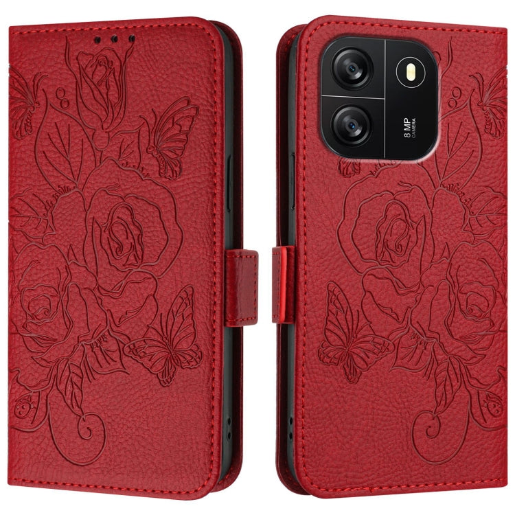 For Blackview WAVE 6C Embossed Rose RFID Anti-theft Leather Phone Case(Red)