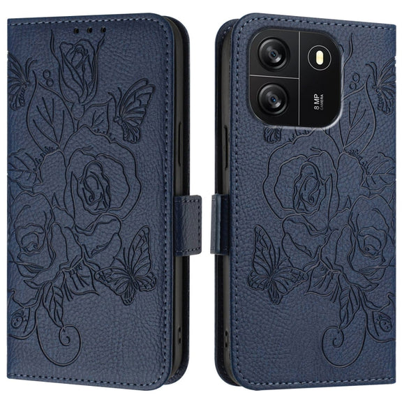 For Blackview WAVE 6C Embossed Rose RFID Anti-theft Leather Phone Case(Dark Blue)