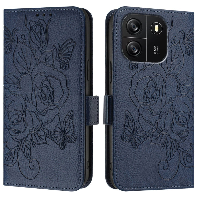 For Blackview WAVE 6C Embossed Rose RFID Anti-theft Leather Phone Case(Dark Blue)