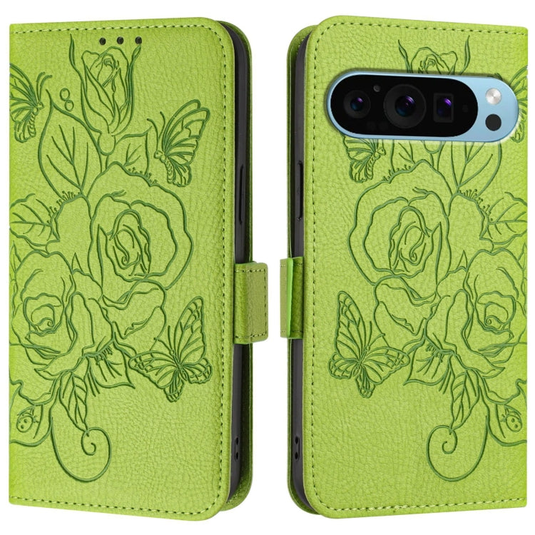 For Google Pixel 9 / 9 Pro Embossed Rose RFID Anti-theft Leather Phone Case(Green)