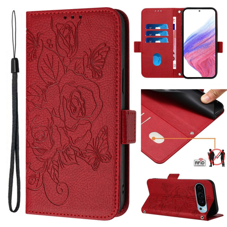 For Google Pixel 9 / 9 Pro Embossed Rose RFID Anti-theft Leather Phone Case(Red)