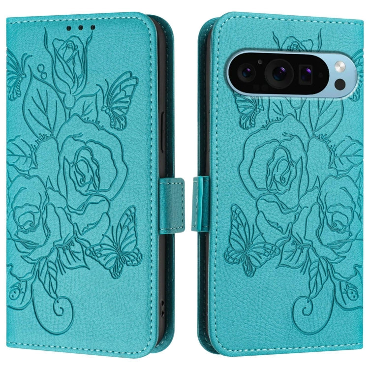 For Google Pixel 9 / 9 Pro Embossed Rose RFID Anti-theft Leather Phone Case(Light Blue)