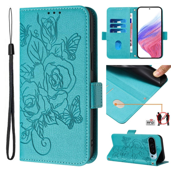 For Google Pixel 9 / 9 Pro Embossed Rose RFID Anti-theft Leather Phone Case(Light Blue)