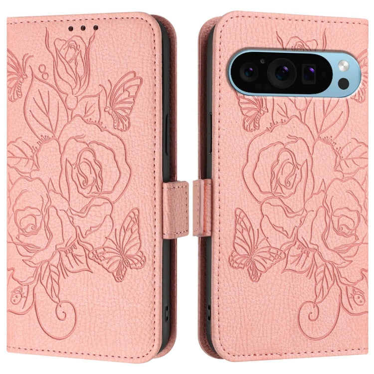For Google Pixel 9 / 9 Pro Embossed Rose RFID Anti-theft Leather Phone Case(Pink)