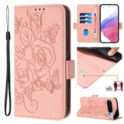For Google Pixel 9 / 9 Pro Embossed Rose RFID Anti-theft Leather Phone Case(Pink)