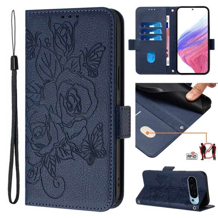 For Google Pixel 9 / 9 Pro Embossed Rose RFID Anti-theft Leather Phone Case(Dark Blue)