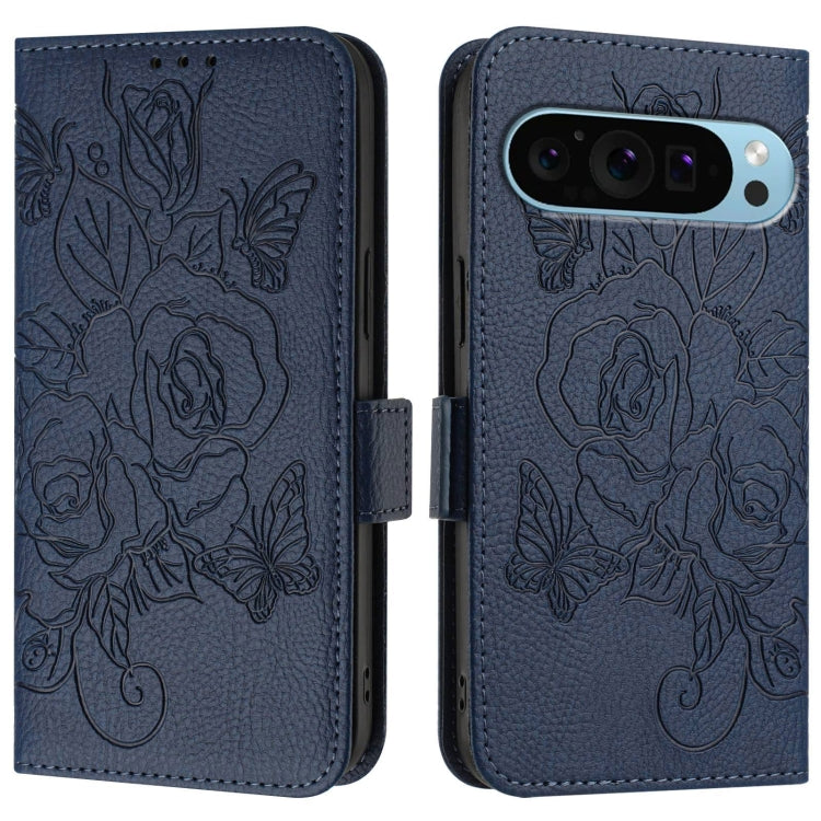 For Google Pixel 9 / 9 Pro Embossed Rose RFID Anti-theft Leather Phone Case(Dark Blue)