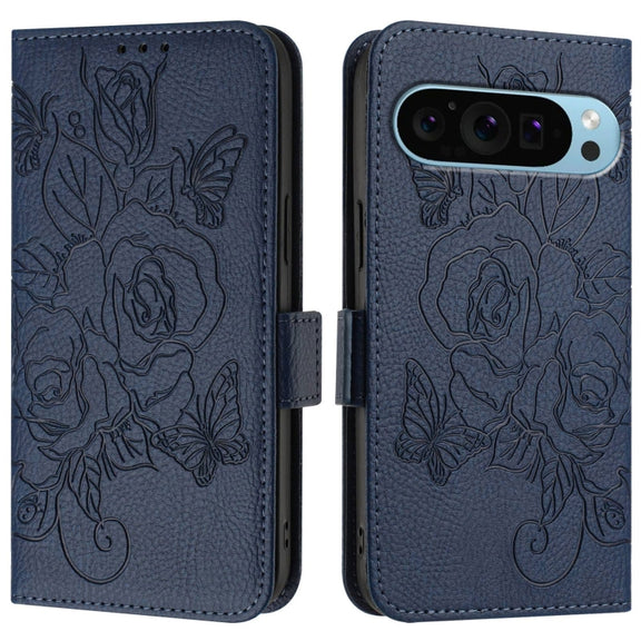 For Google Pixel 9 / 9 Pro Embossed Rose RFID Anti-theft Leather Phone Case(Dark Blue)