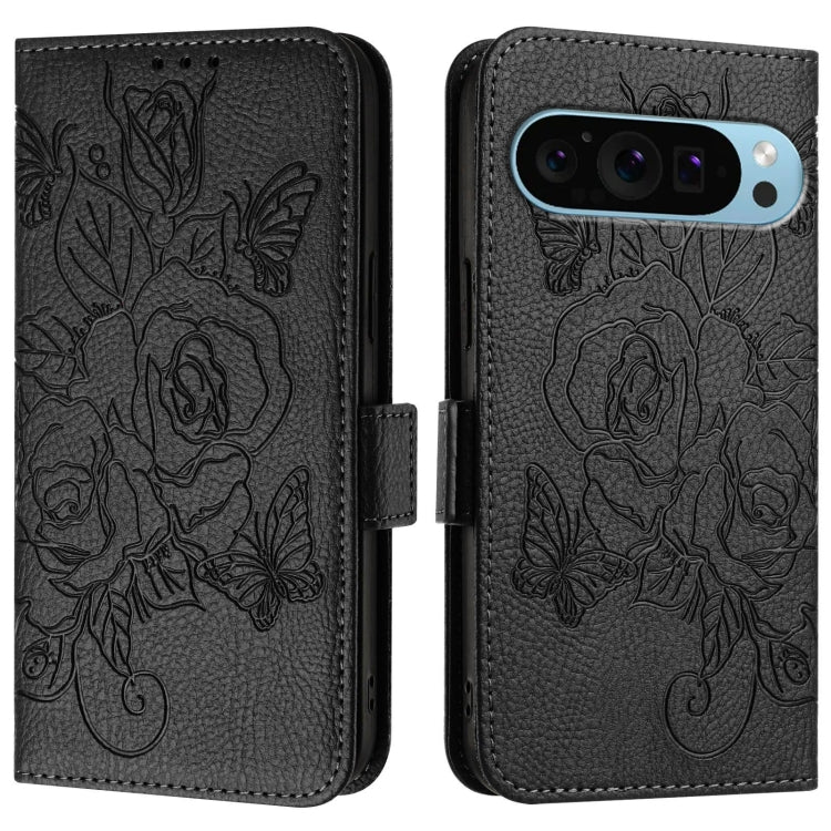 For Google Pixel 9 / 9 Pro Embossed Rose RFID Anti-theft Leather Phone Case(Black)