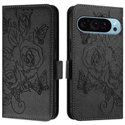 For Google Pixel 9 / 9 Pro Embossed Rose RFID Anti-theft Leather Phone Case(Black)